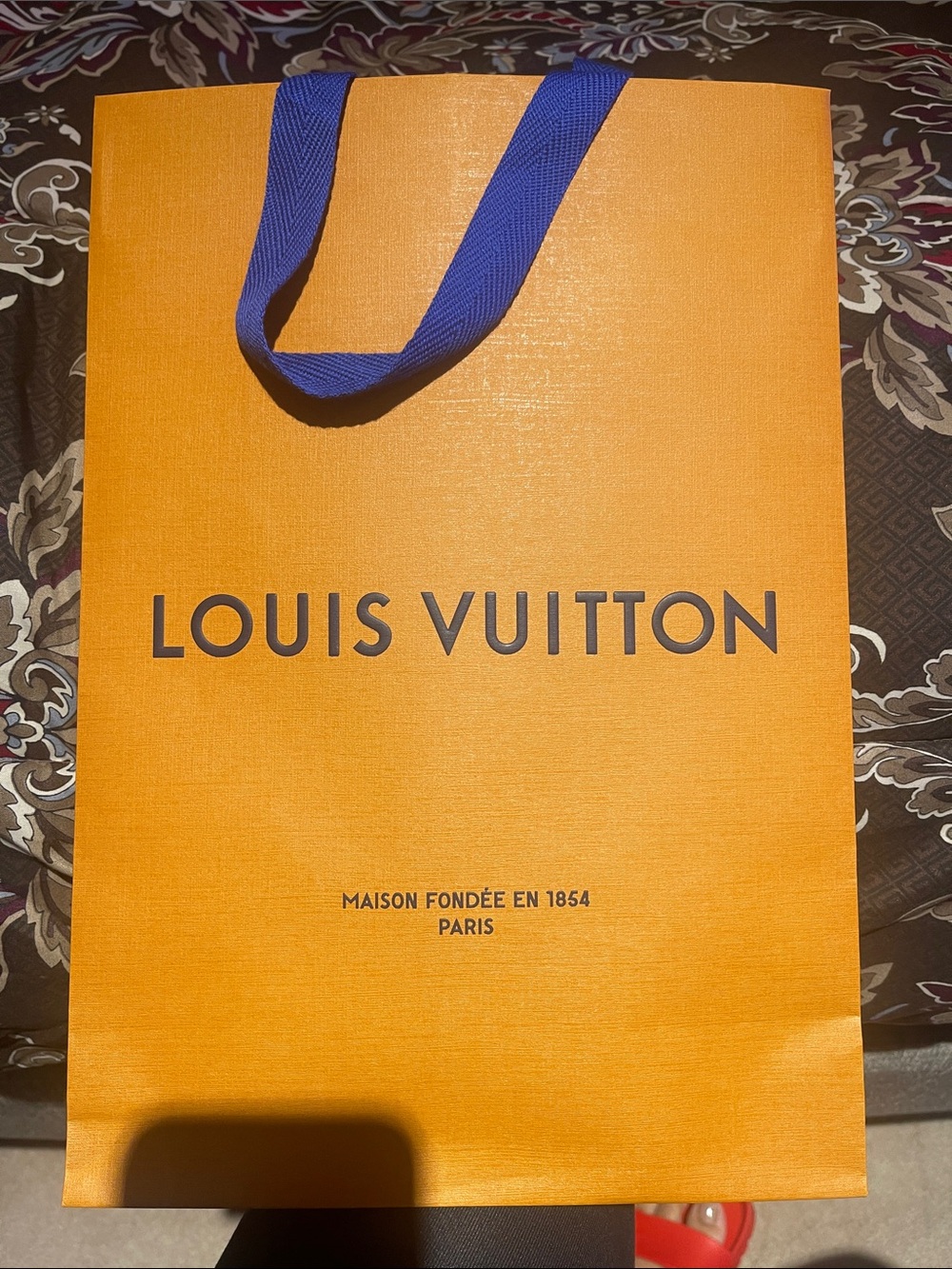 Louis Vuitton Orange Paper Shopping Bag with Blue Handles